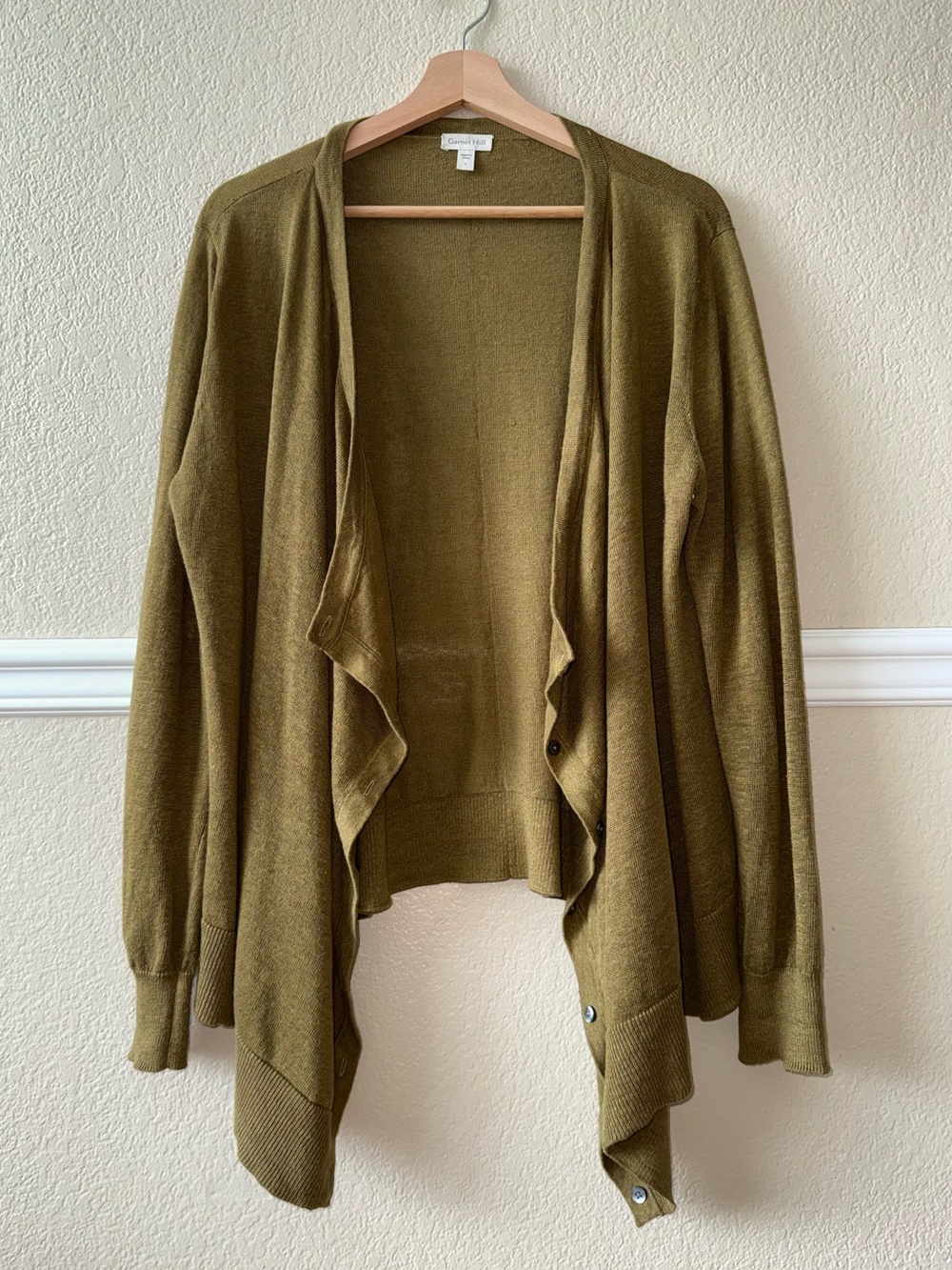 Garnet Hill 100% Linen Easy Linen Drape Front Cardigan Olive Green Button Large